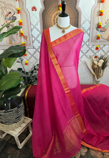 Handwoven Mangalgiri Cotton Saree | Magenta Pink | Gold Zari | Handwoven | Ships from California